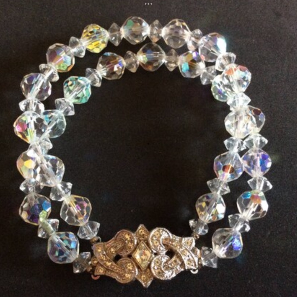 1950s Vintage Crystal & Rhinestone Bracelet Art Deco Silver & Clear 2 Strand